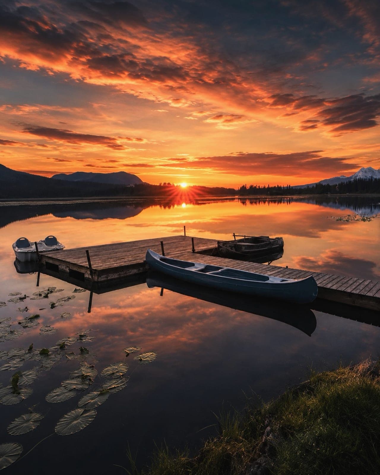 Sunrise over a lake, with a canoe at a wooden dock