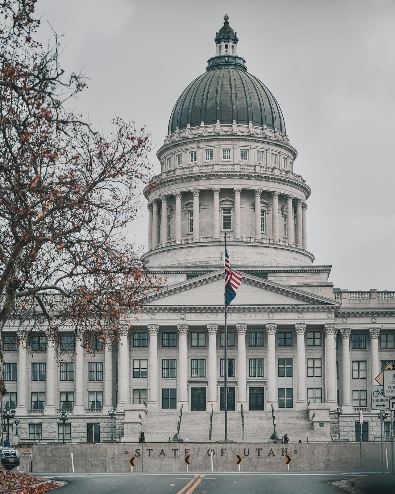 A domed state capitol under bare winter branches