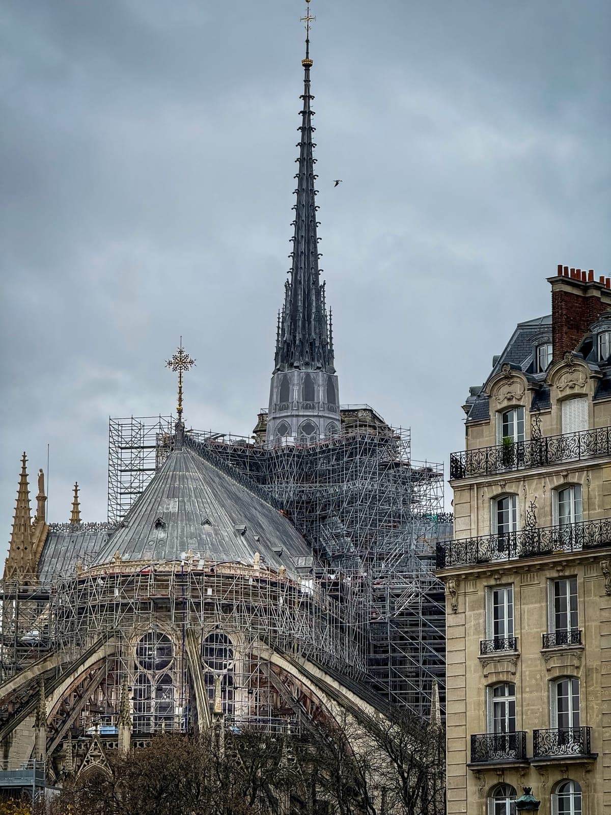 Notre-Dame under scaffolding beside a Paris rooftop